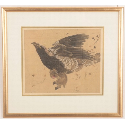 95 - JAPANESE SCHOOL, An eagle with a macaque in its talons

painting on silk embellished with gold flake... 