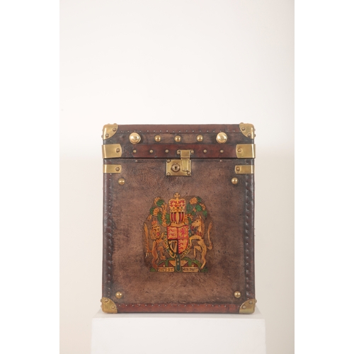 156 - TWO LEATHER TRUNKS WITH TRANSFER PAINTED COAT OF ARMS TO THE FRONT

21st century, both with modern '... 