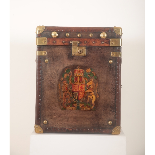 156 - TWO LEATHER TRUNKS WITH TRANSFER PAINTED COAT OF ARMS TO THE FRONT

21st century, both with modern '... 