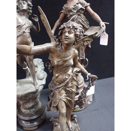 135 - A PAIR OF FRENCH SPELTER FIGURES AFTER MOREAU on wooden bases (loose), 53cm high, and two others ; '... 