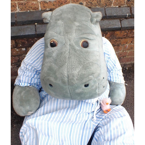 168 - A 'SILENTNIGHT' SHOP DISPLAY HIPPO wearing striped pyjamas, with chick, 1990s approx 122cm high