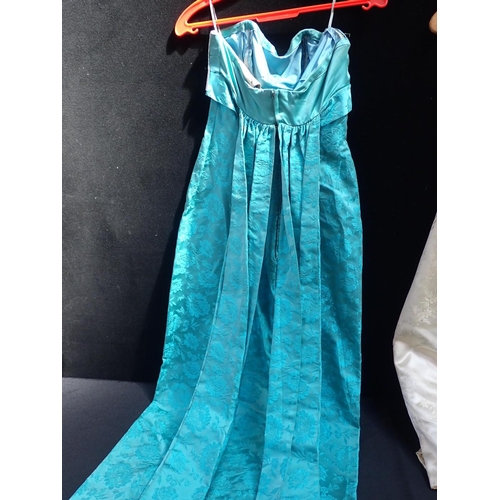 18 - A TURQUOISE DAMASK SILK 'POLLY PECK' EVENING DRESS with a cream damask silk cocktail dress (2)