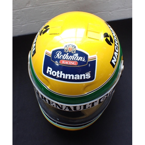 235 - AYRTON SENNA: A REPRODUCTION RENAULT RACING HELMET in Brazilian colours, with Rothmans and Nacional ... 