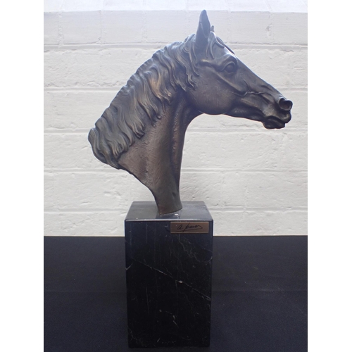 244 - A BRONZE HORSE'S HEAD SCULPTURE BY PAOR S.A. in marble base 31.5cm high