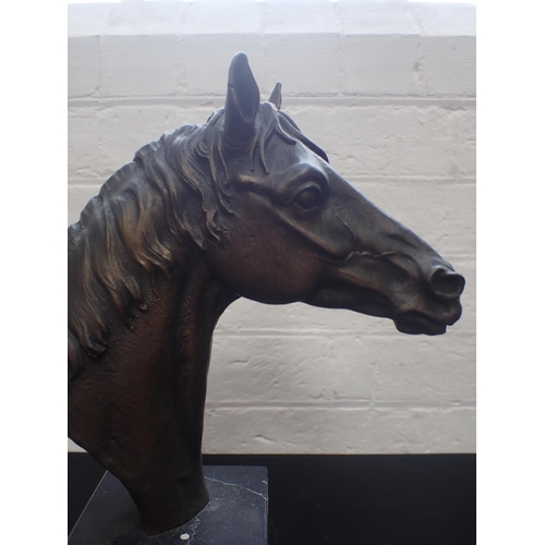 244 - A BRONZE HORSE'S HEAD SCULPTURE BY PAOR S.A. in marble base 31.5cm high