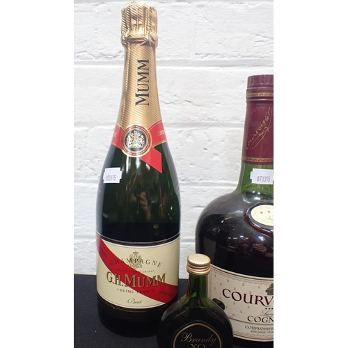 247 - CORVOISIER THREE STAR BRANDY with a bottle of Mumm champagne and a half bottle of Mateus Rose and tw... 