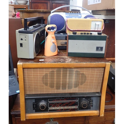 25 - AN EKCO TABLETOP RADIOGRAM with a collection of portable radios, including Roberts, Bush Aiwa etc (n... 