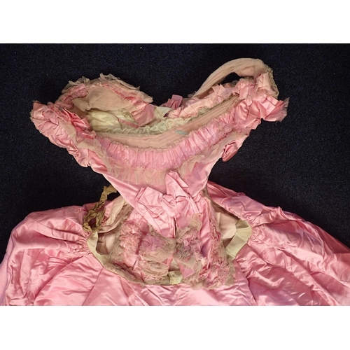 286 - A MID VICTORIAN SILK BALL DRESS crinoline shape and style, with  separate lace trimmed top