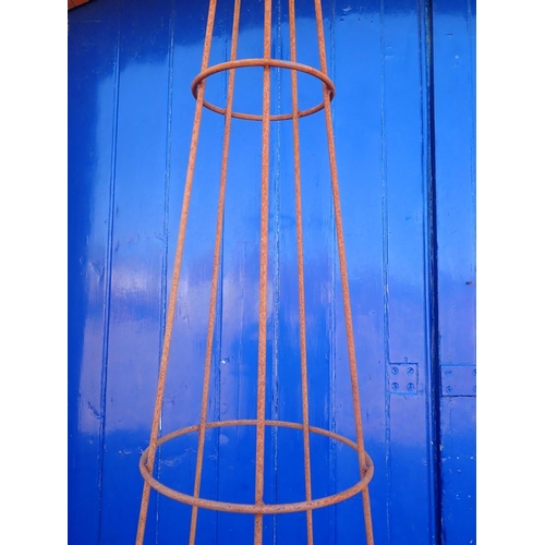 3 - A METAL GARDEN OBELISK, OF CONICAL FORM, WITH BALL TOP 293cm high, 65cm dia