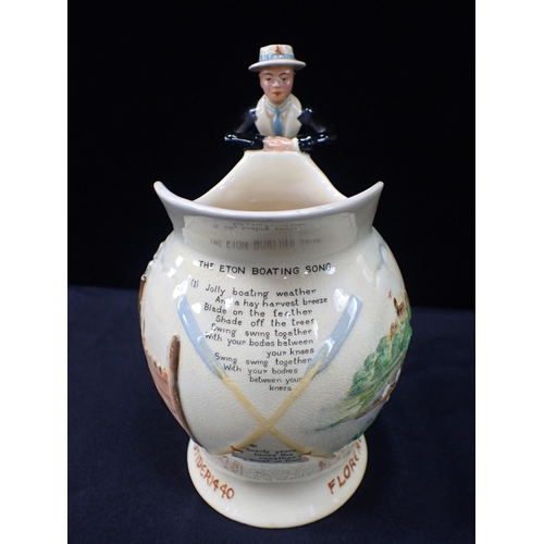 308 - A CROWN DEVON FIELDINGS MUSICAL 'ETON BOATING SONG' JUG No.820526, 24cm high (light crazing)