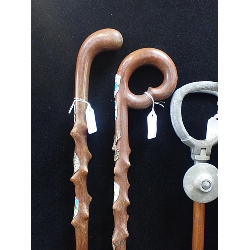 33 - TWO ALPINE WALKING STICKS WITH TWISTED SHAFTS a Nordic folk art horse stick signed 'Keckner', three ... 