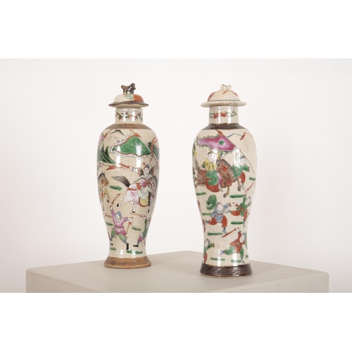 352 - TWO CHINESE FAMILLE VERTE CRACKLEWARE PORCELAIN BALUSTER SHAPED VASES early 20th Century, decorated ... 