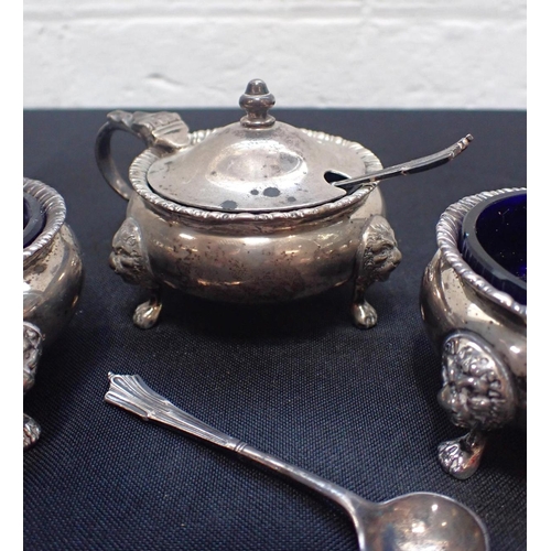 381 - A SILVER CRUET SET, WITH LION MASK AND PAW  FEET comprising pair of open salts, pair of pepperettes,... 