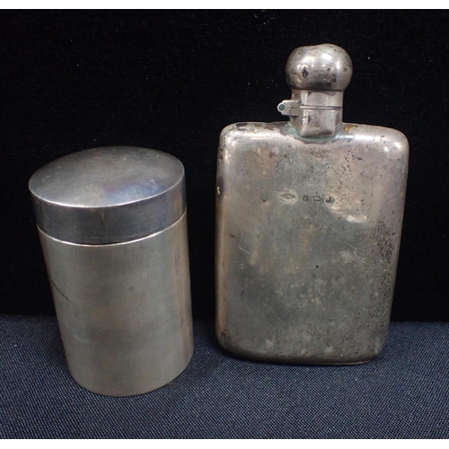 385 - A SILVER SPIRIT FLASK with a silver dressing table jar and a part set of silver knives and forks