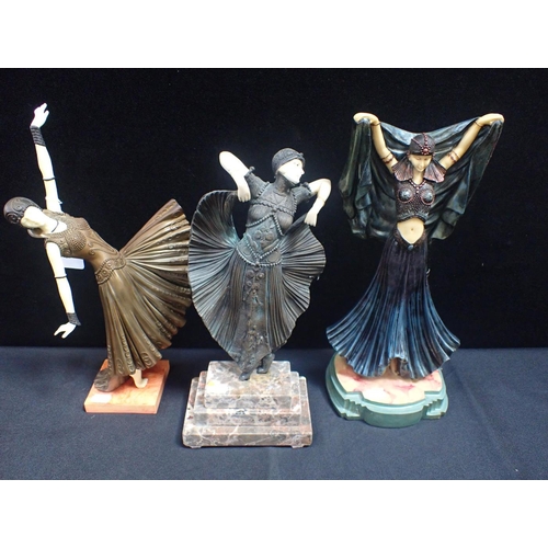 39 - THREE ART DECO STYLE FIGURES reproduction, one with a stepped marble base 33cm high (3)