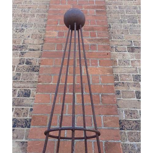 4 - A METAL GARDEN OBELISK, OF CONICAL FORM, WITH BALL TOP 293cm high, 65cm dia