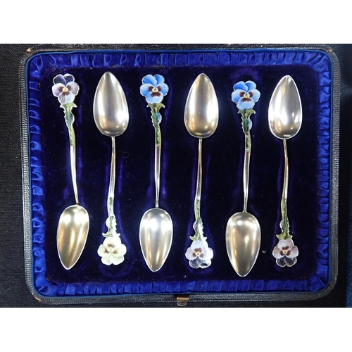 407 - BOXED SETS OF SILVER TEASPOONS AND SILVER HANDLED DESSERT SETS including a set with enamelled pansy ... 