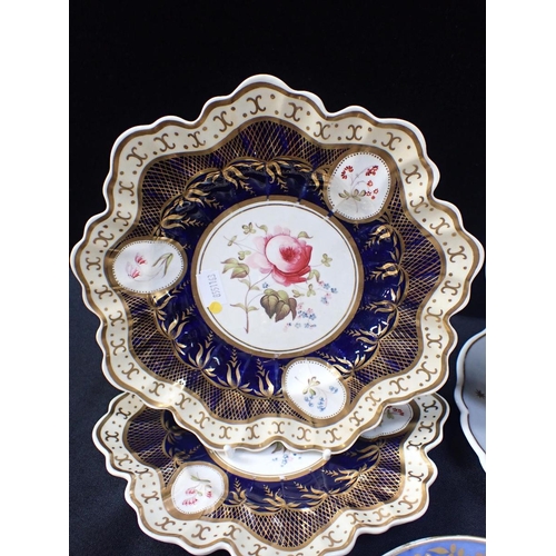 45 - A PAIR OF 19th CENTURY FLORAL PAINTED DESSERT PLATES with cobalt and gilt borders, other 19th centur... 