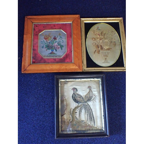 74 - A GEORGIAN EMBROIDERED SILK PICTURE in gilt frame 34 x 27cm (discoloured), a fine beadwork panel in ... 