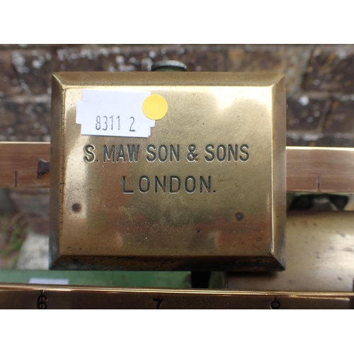 9 - A FLOOR-STANDING S. MAW SON & SON'S  WEIGHING SCALE cast iron, painted green with brass scale 123cm ... 