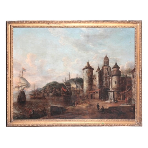 115 - JAN ABRAHAMS BEERSTRATEN (1622-1666) A capriccio of a walled Mediterranean harbour town

with a Dutc... 