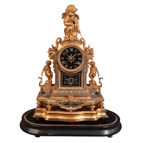 297 - A FRENCH GILT METAL MANTEL CLOCK

19th/early 20th century, the two train movement striking on a bell... 