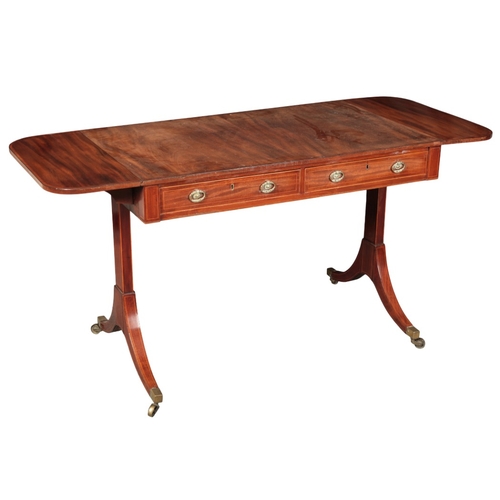 306 - A REGENCY MAHOGANY AND SATINWOOD CROSSBANDED SOFA TABLE

the rectangular drop flap with rounded corn... 