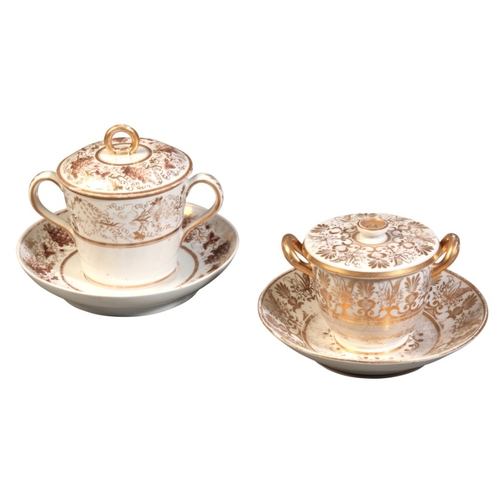 39 - TWO ENGLISH PORCELAIN CHOCOLATE CUPS, COVERS AND STANDS

early 19th century, one with a white ground... 