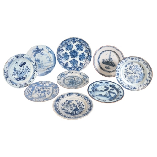 4 - A COLLECTION OF NINE BLUE AND WHITE DELFT PLATES

mostly 18th century, the largest 26cm diameter, th... 