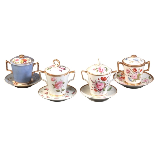 46 - A GROUP OF FOUR PORCELAIN CHOCOLATE CUPS, COVERS AND STANDS

early 19th century, including two of si... 