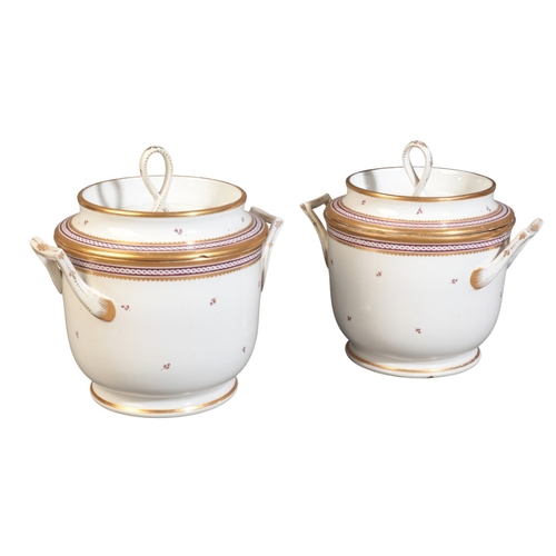 53 - A PAIR OF ENGLISH PORCELAIN ICE PAILS

19th century, decorated with small leaves against a white gro... 