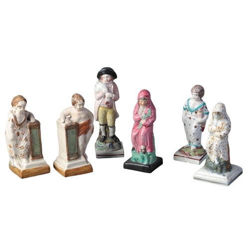 90 - THREE PAIRS OF STAFFORDSHIRE FIGURES

late 18th and early 19th century, including an opposing pair o... 