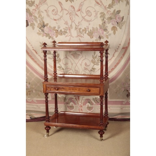 113 - A VICTORIAN MAHOGANY WHAT NOT

with three tiers on turned and fluted supports, the middle tier with ... 