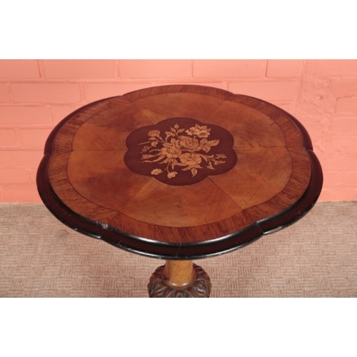 124 - A VICTORIAN WALNUT AND MARQUETRY TRIPOD TABLE

the shaped top inlaid with a central floral spray, on... 