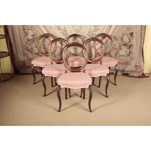 148 - A SET OF SIX VICTORIAN WALNUT BALLOON BACK DINING CHAIRS

the foliate carved top rails over serpenti... 