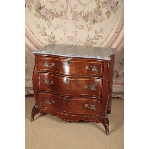 156 - A DUTCH WALNUT BOMBE COMMODE

late 18th century, the grey marble top over three satinwood strung dra... 