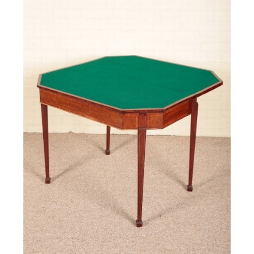 212 - A LATE GEORGE III MAHOGANY AND CROSSBANDED CARD TABLE

the hinged lid opening to a baize-lined inter... 