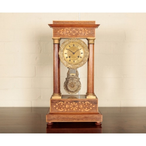 215 - A FRENCH ROSEWOOD AND MARQUETRY PORTICO CLOCK

the twenty-one day movement signed 'ELS' striking on ... 