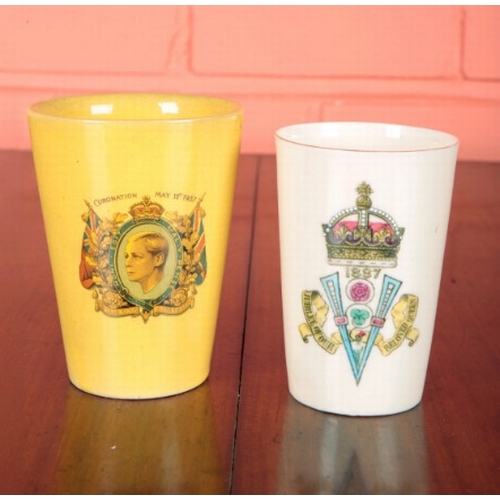 239 - TWO SIMILAR COMMEMORATIVE CUPS

including a tapered yellow cup celebrating the coronation of Edward ... 