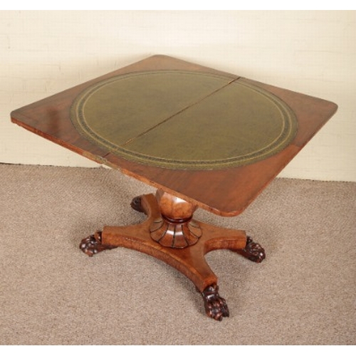 242 - A VICTORIAN WALNUT CARD TABLE

the hinged lid opening to a gilt tooled leather surface, the shaped f... 