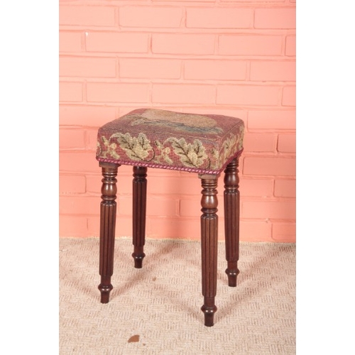 280 - A REGENCY MAHOGANY STOOL

the square seat with gros and petit point needlework cover depicting a spa... 