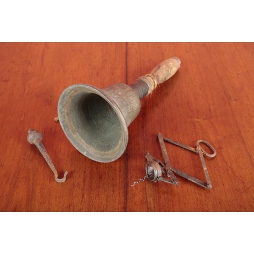 297 - A LATE 19TH CENTURY HAND BELL

with turned oak handle, 34cm long; together with a late 19th century ... 