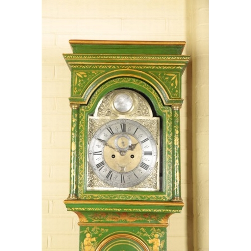 350 - A GEORGE III GREEN JAPANNED LONGCASE CLOCK BY JOSEPH HEELEY, DEPTFORD

the eight day, two train move... 