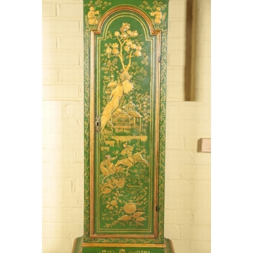 350 - A GEORGE III GREEN JAPANNED LONGCASE CLOCK BY JOSEPH HEELEY, DEPTFORD

the eight day, two train move... 