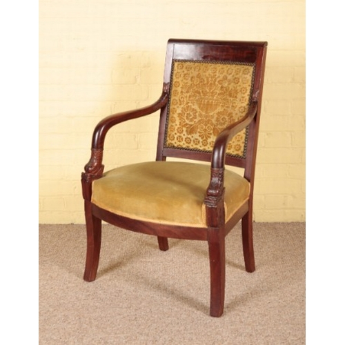 383 - A PAIR OF LOUIS PHILIPPE I MAHOGANY ARMCHAIRS

with covered backs and seats, the swept arms with dol... 