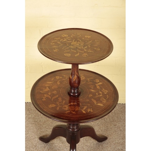 387 - A DUTCH WALNUT AND MARQUETRY DUMB WAITER

the two circular tiers decorated with flowers and leafy te... 