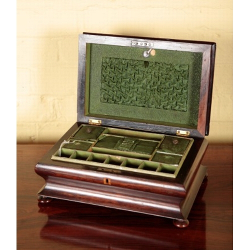 399 - A VICTORIAN ROSEWOOD WORK OR JEWELLERY BOX

inlaid with mother of pearl and brass stringing, the hin... 