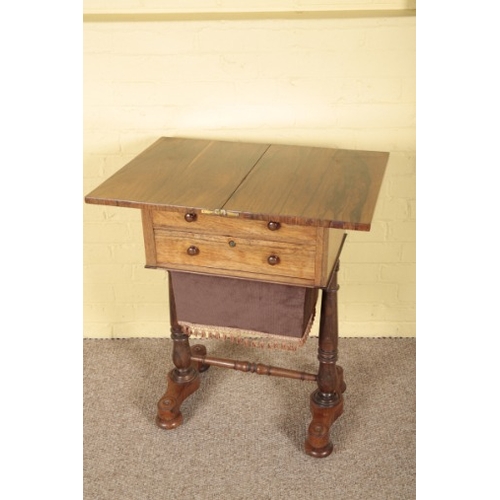 435 - A GEORGE IV ROSEWOOD WORK TABLE

with hinged and rotating top, the bun feet inset with castors, 77cm... 