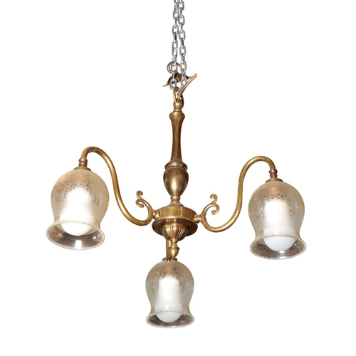 438 - A VICTORIAN STYLE BRASS THREE BRANCH CHANDELIER

with glass shades 33cm high x 52cm wide; together w... 