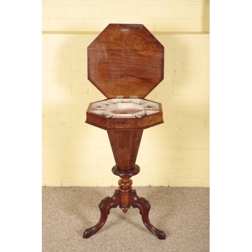 469 - A VICTORIAN WALNUT WORK TABLE

the hinged lid opening to a fitted and lined interior, on a 'trumpet'... 